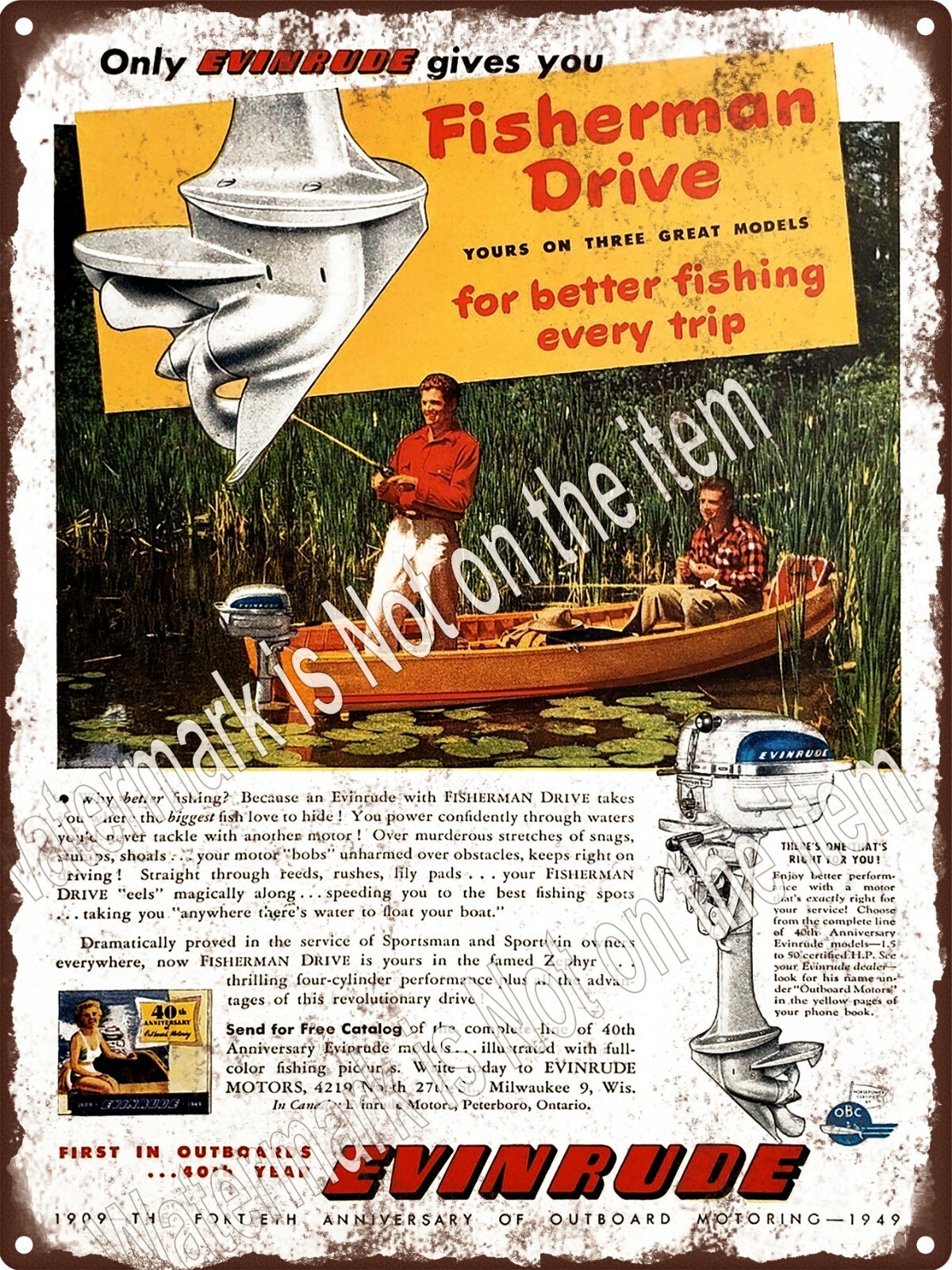 1949 Evinrude Outboard Motors with Fisherman Drive Boat Metal Sign 9×12″ A467