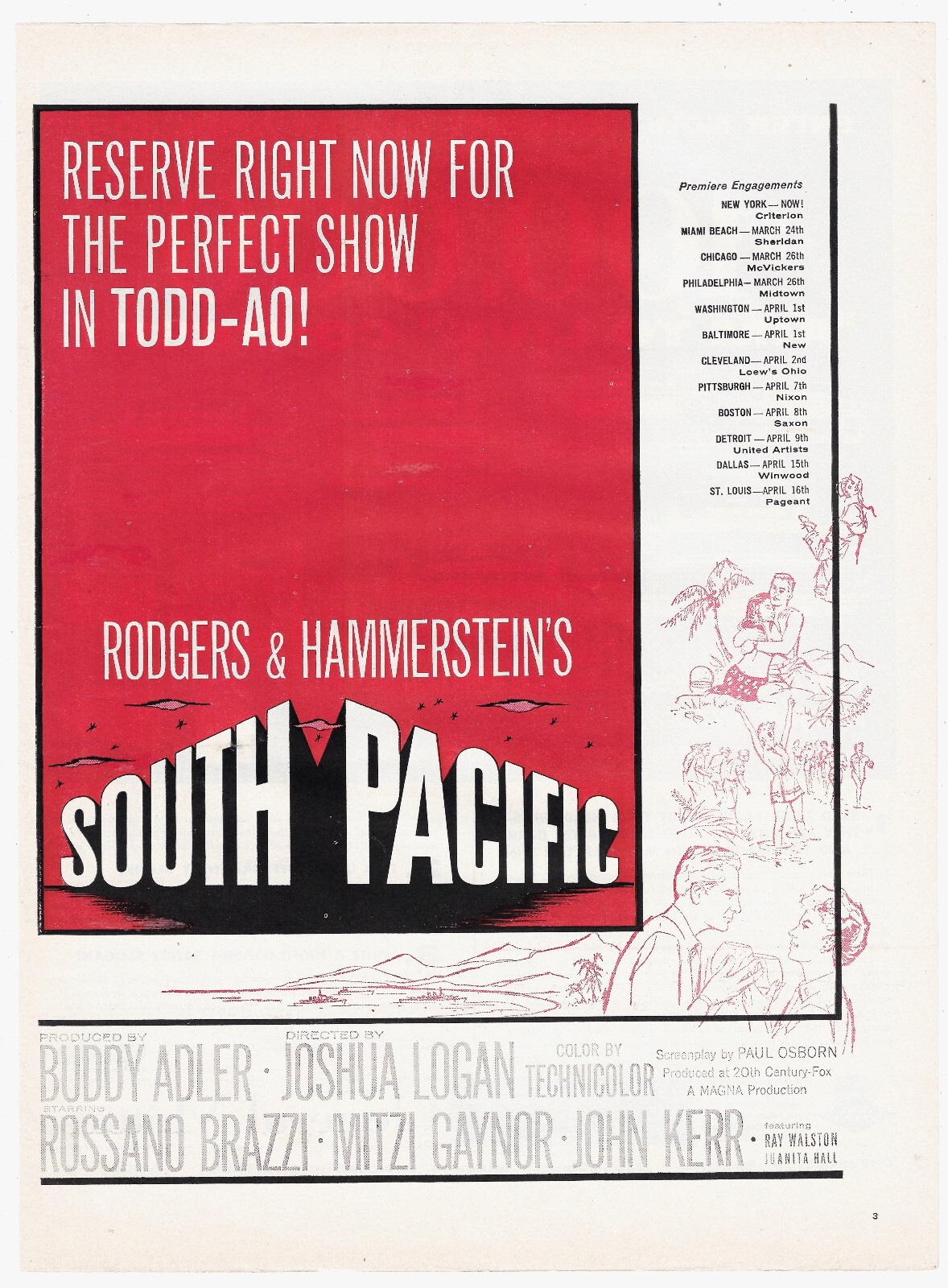 South Pacific Movie Print Ad Vintage Advertisement Rogers Hammerstein 1958