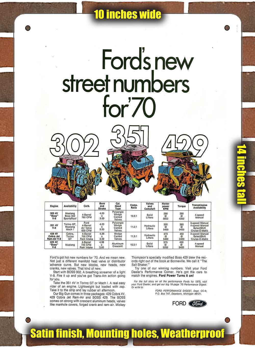 Metal Sign – 1970 Ford Engine Choices – 10×14 inches
