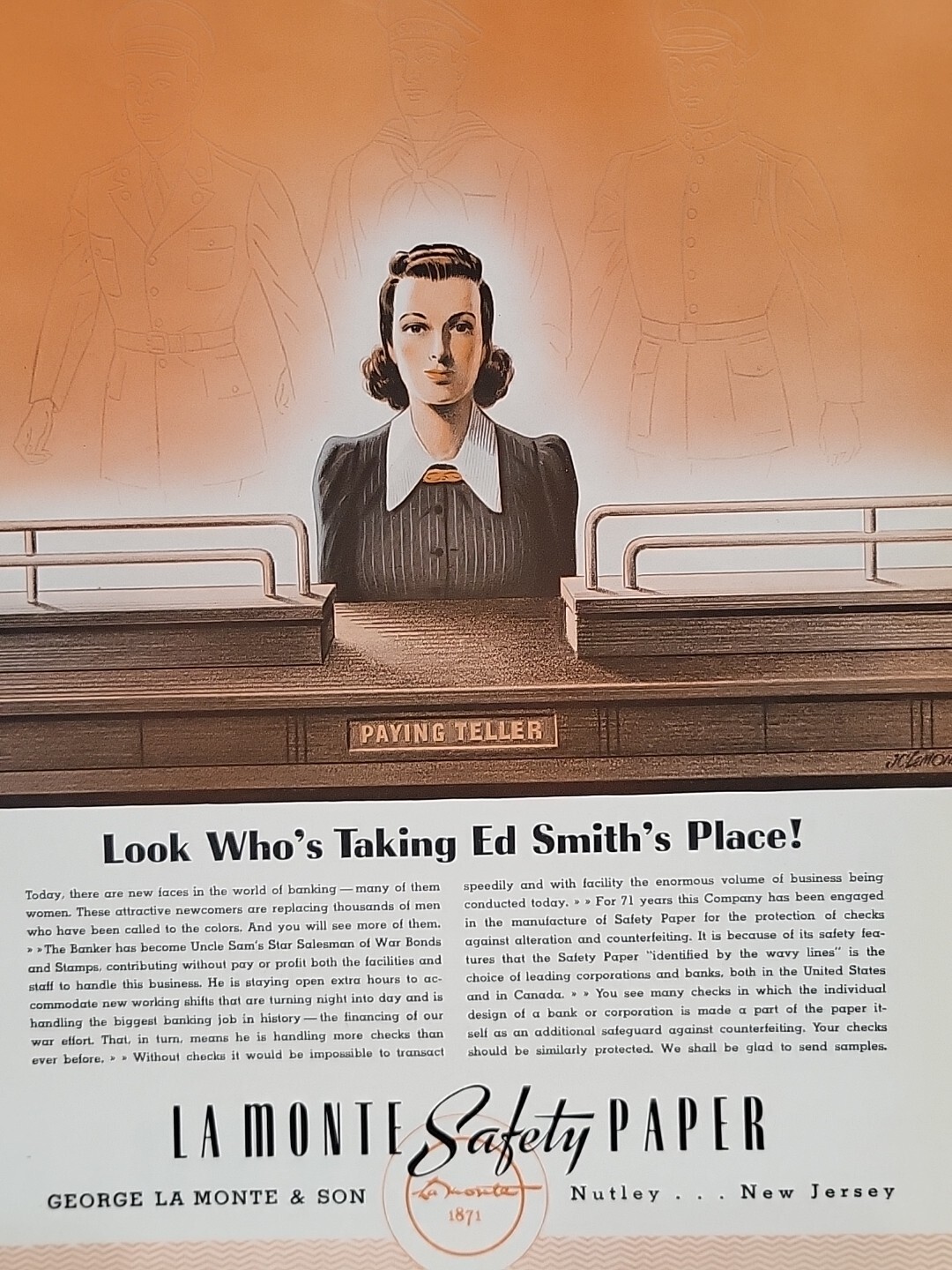 1942 La Monte Safety Paper Fortune WW2 Print Ad Q2 Homefront Women Workers WAR