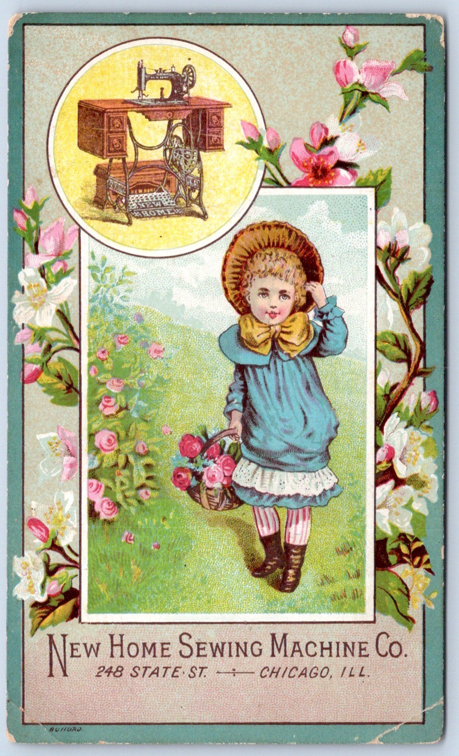 Victorian Trade Card New Home Sewing Machine Co Chicago IL Girl Bonnet C223