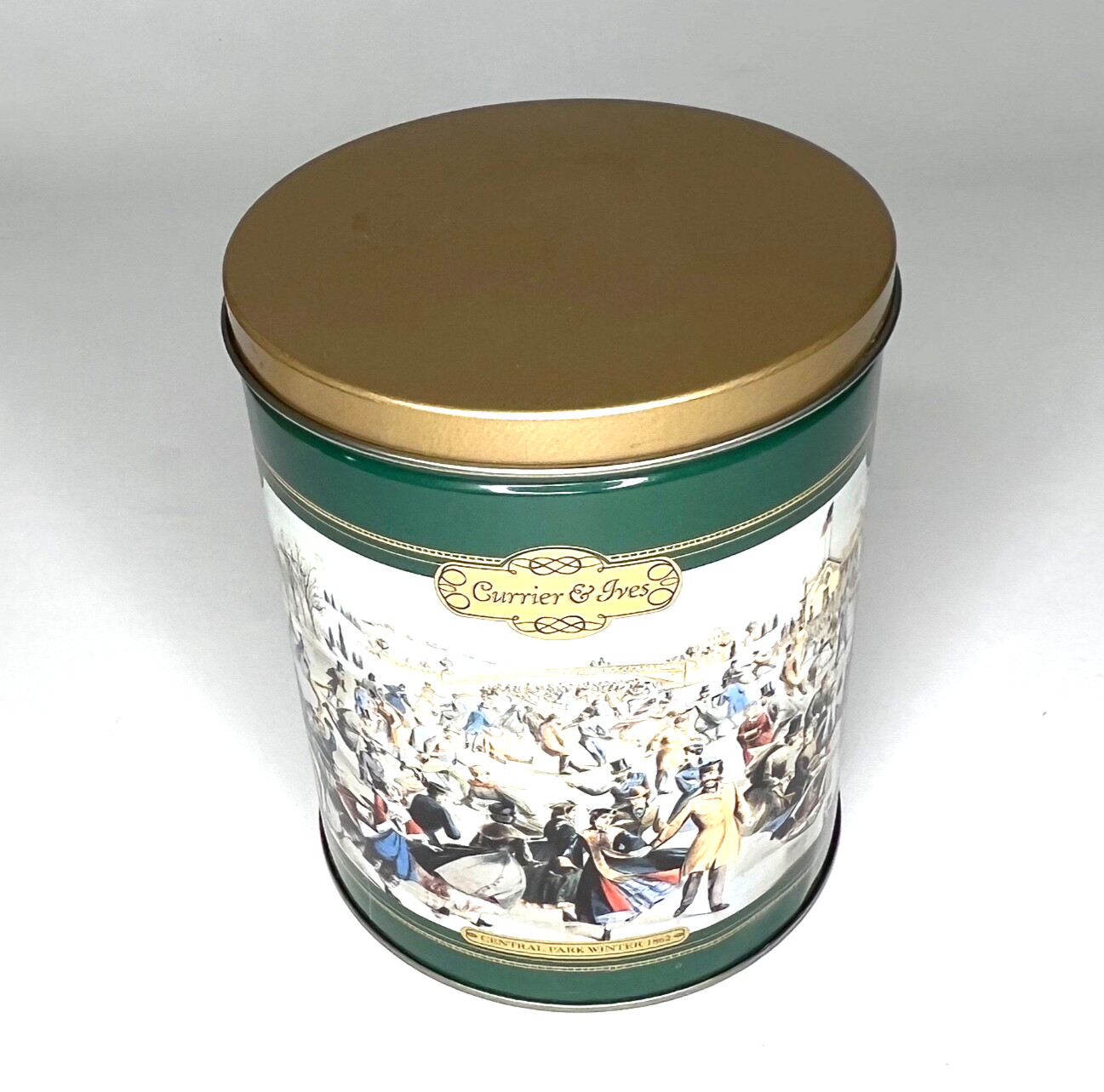 Vintage Currier & Ives Popcorn 7″ Tin Canister “Central Park Winter 1862”