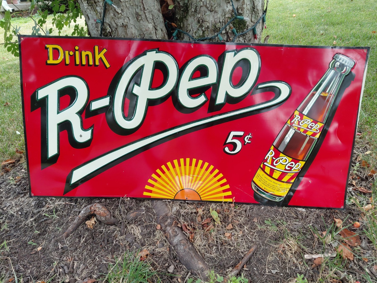 c.1940s Original Vintage Drink R-Pep Soda Sign Metal Embossed Cola Prune Fruit
