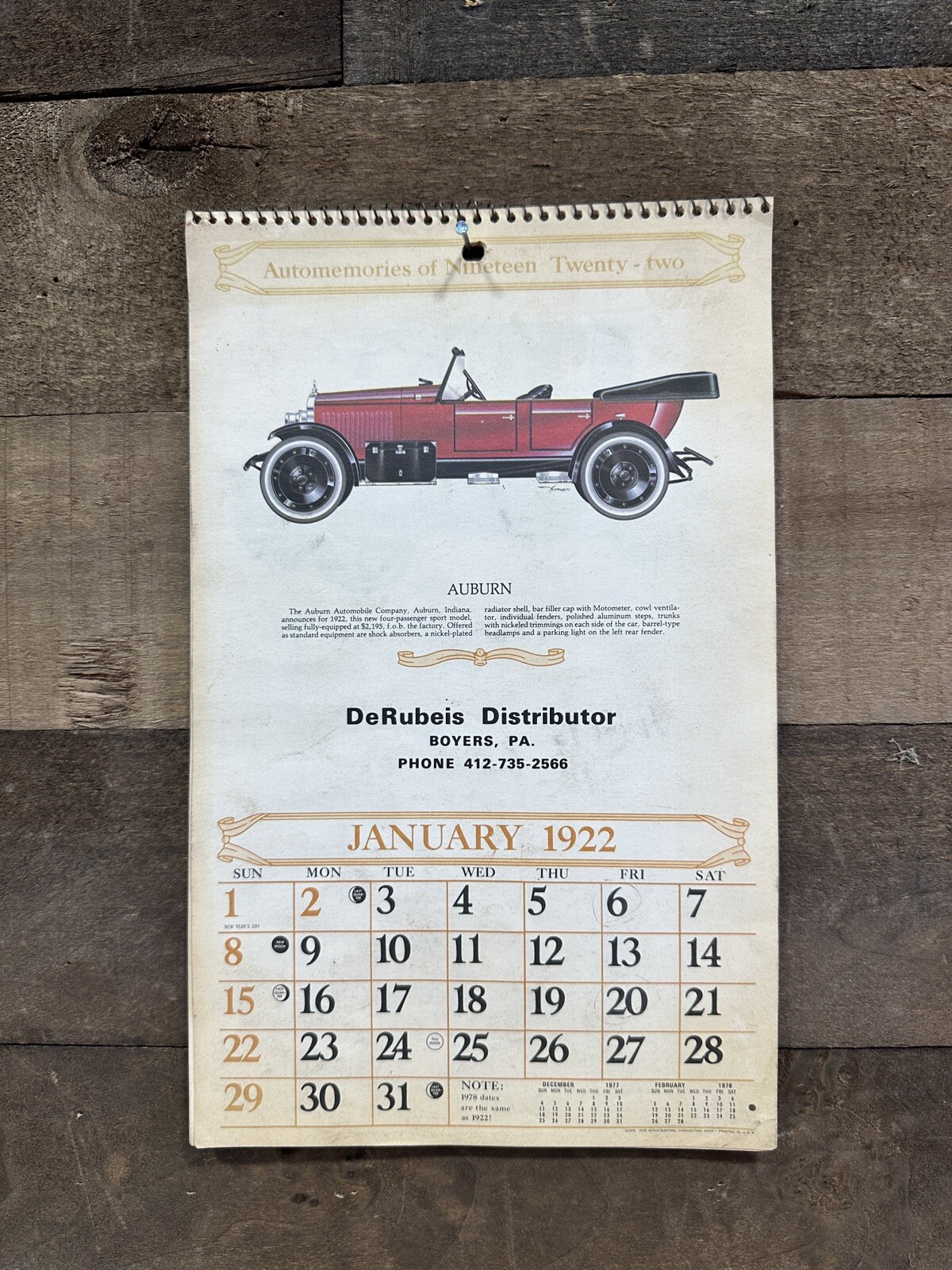Vintage 1978 Automemories Of 1922 Advertising Calendar PA
