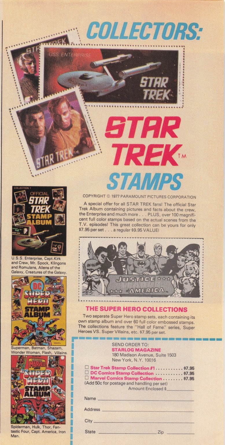 Star Trek & DC Marvel Super Hero Stamps Magazine Ad 1977 Starlog Star Wars