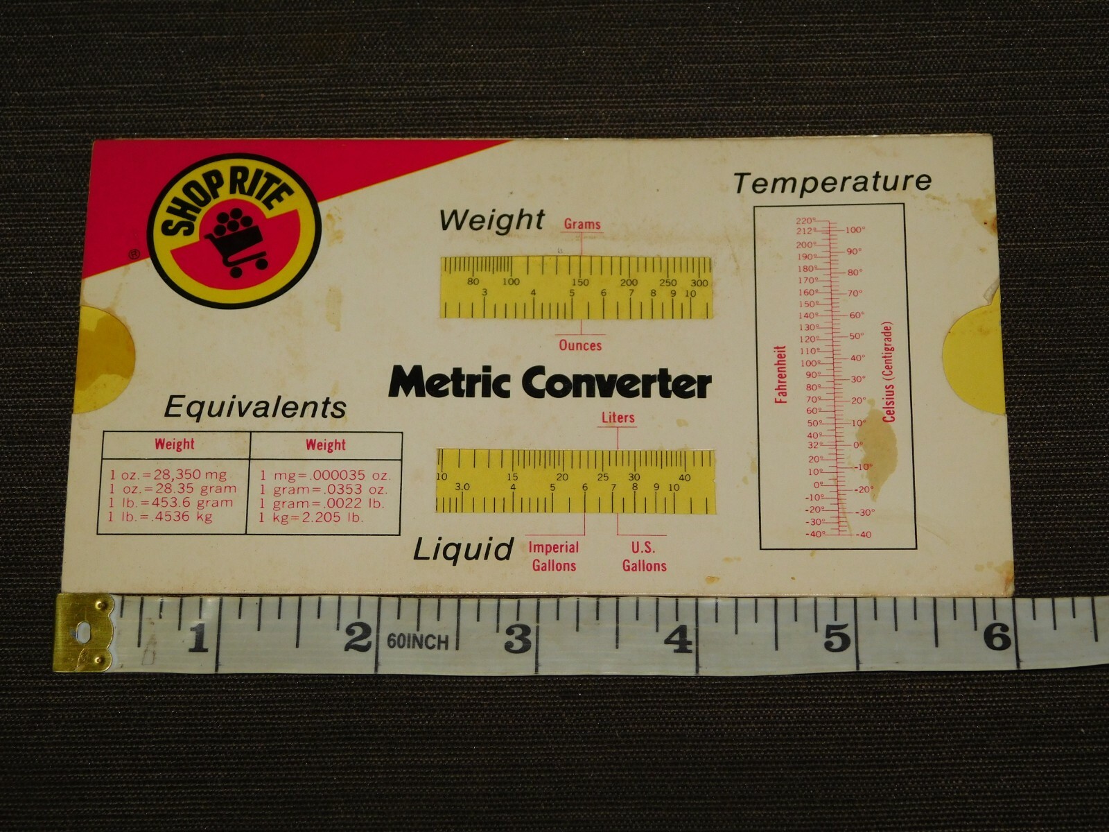 VINTAGE 1978 6″ X 3 1/4″ WAKEFERN FOOD SHOP RITE CARDBOARD METRIC CONVERTER