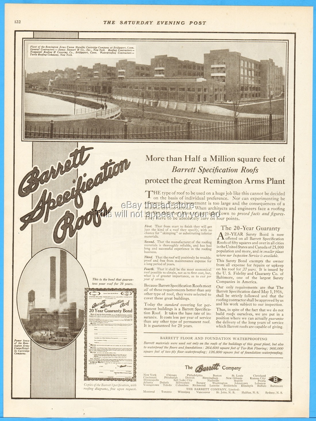 1919 Remington Arms UMC Bridgeport CT Plant Photo Barrett Roofing Vintage Ad