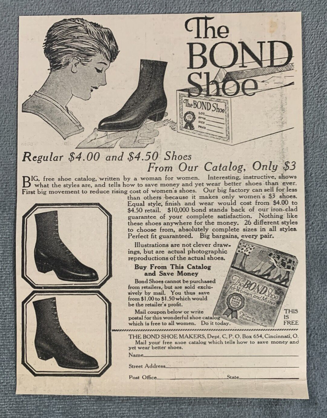 1917 The Bond Shoe PRINT AD Woman Smiles at Shoe Catalog Sale Fashion 5 x 6.5