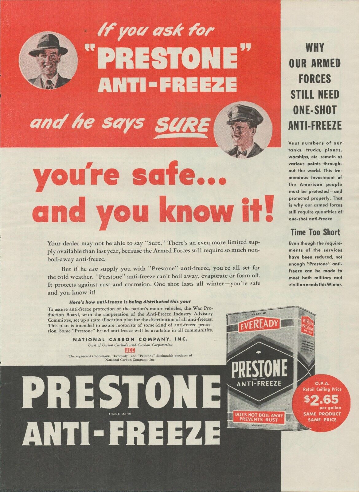 1945 Prestone Anti – Freeze Why Armed Forces Still Need One Shot Print Ad