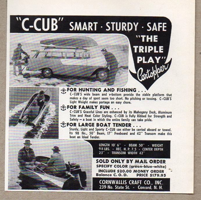 1956 Print Ad C-Cub Car Topper Boats Cornwallis Craft Co Concord,NH