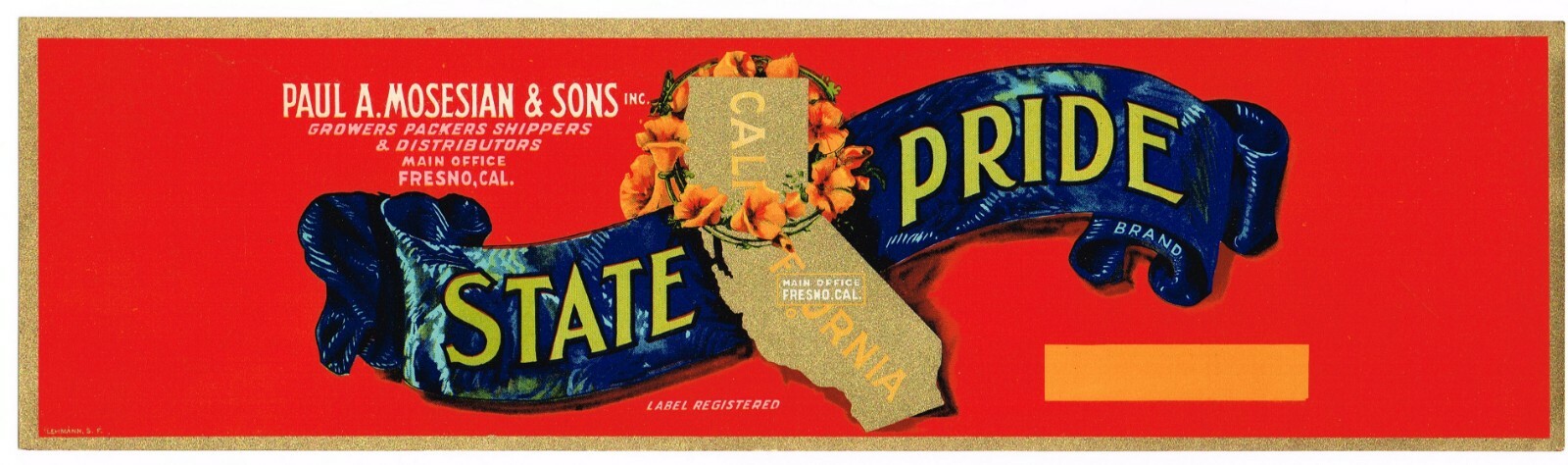 ORIGINAL CRATE LABEL STATE PRIDE POPPY CALIFORNIA MAP FRESNO C1940S VINTAGE