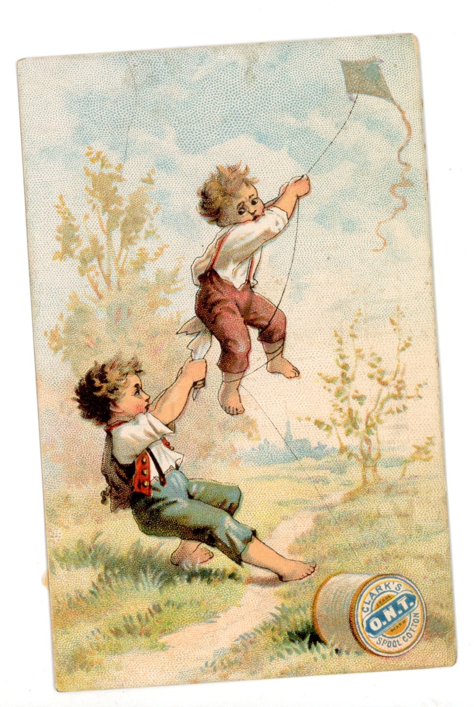 C 1880s Clark’s O.N.T. Spool Cotton Trade Card – Boys Flying Kite Victorian