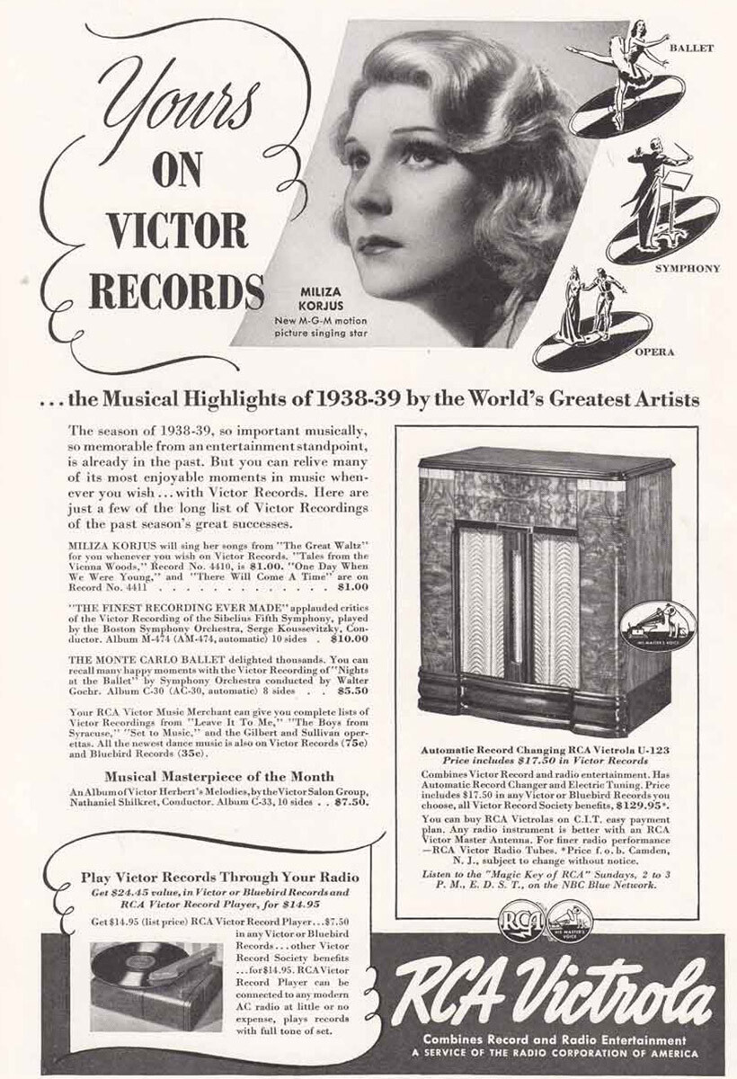 1939 RCA Victrola: Miliza Korjus Vintage Print Ad