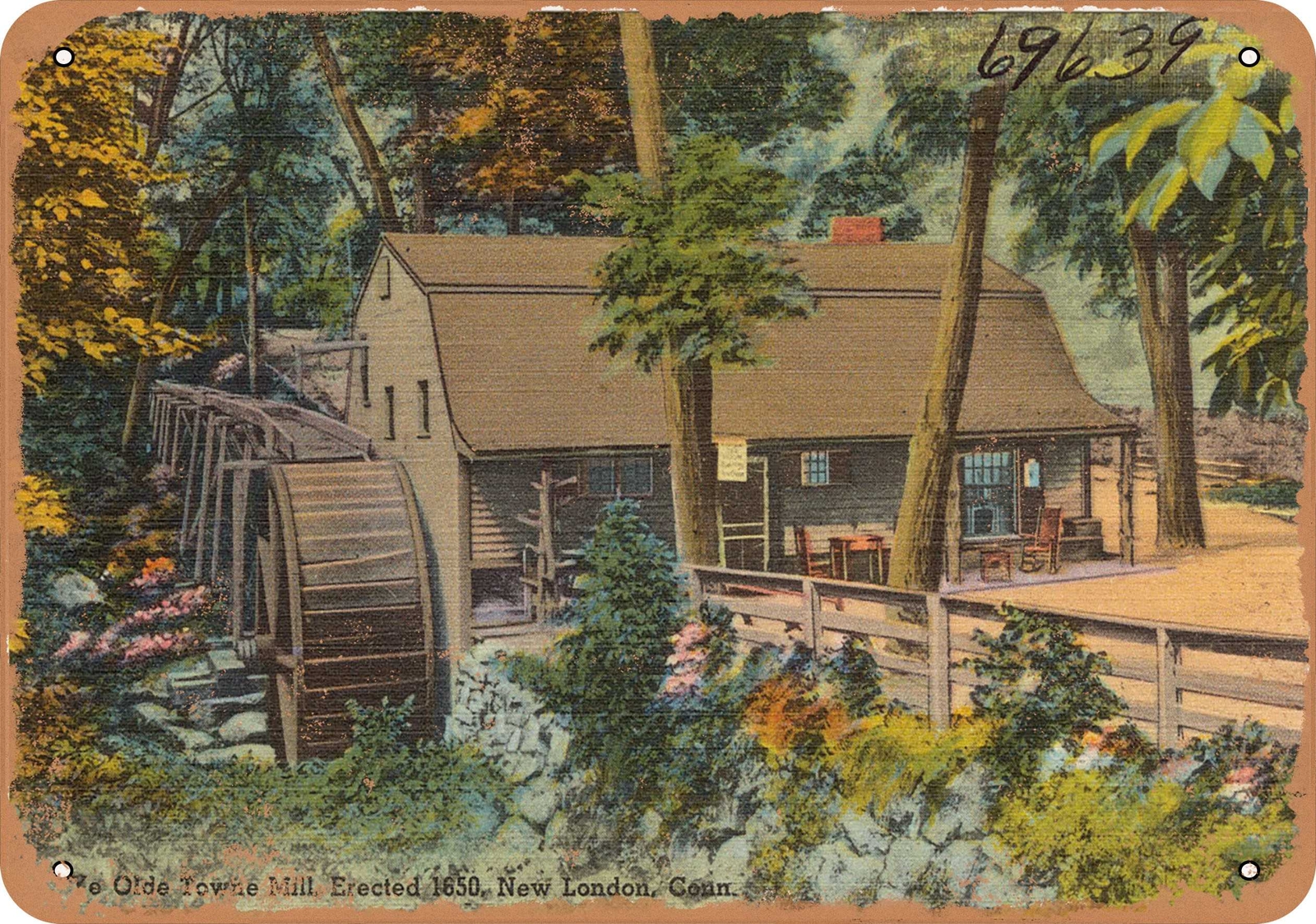 METAL SIGN – Connecticut Postcard – Ye Old Towne Mill, erected 1650, New London