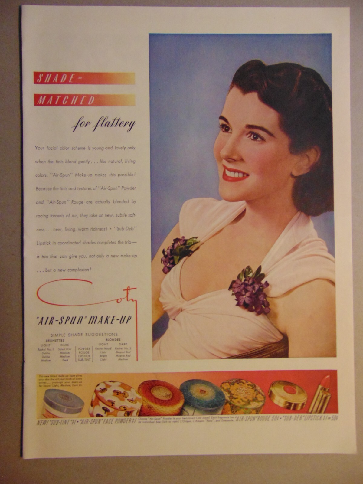 1941 COTY MAKE-UP Air Spun Pretty Woman vintage art print ad