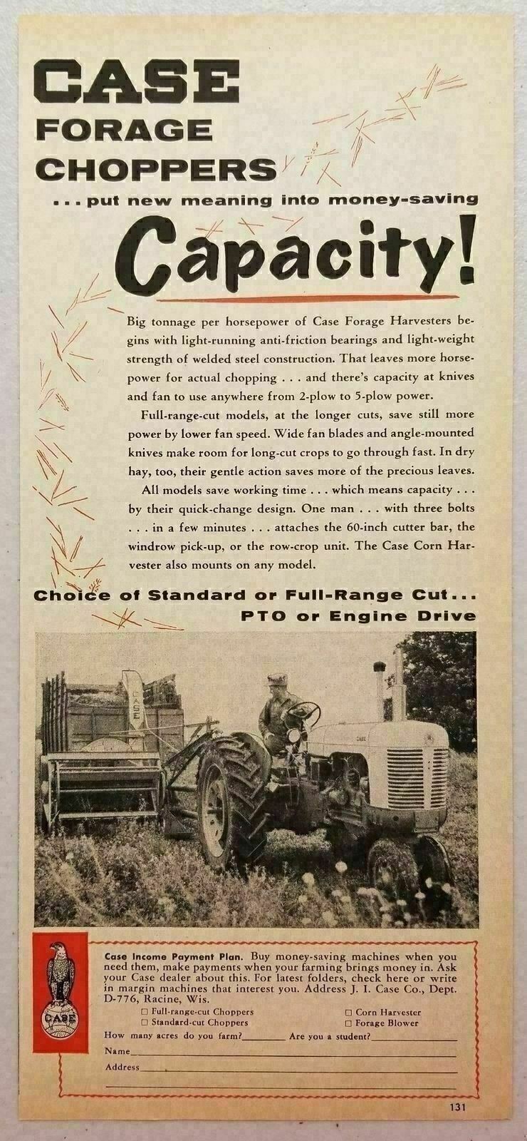 1956 Print Ad Case Tractor Pulls Forage Chopper on Farm Racine,WI