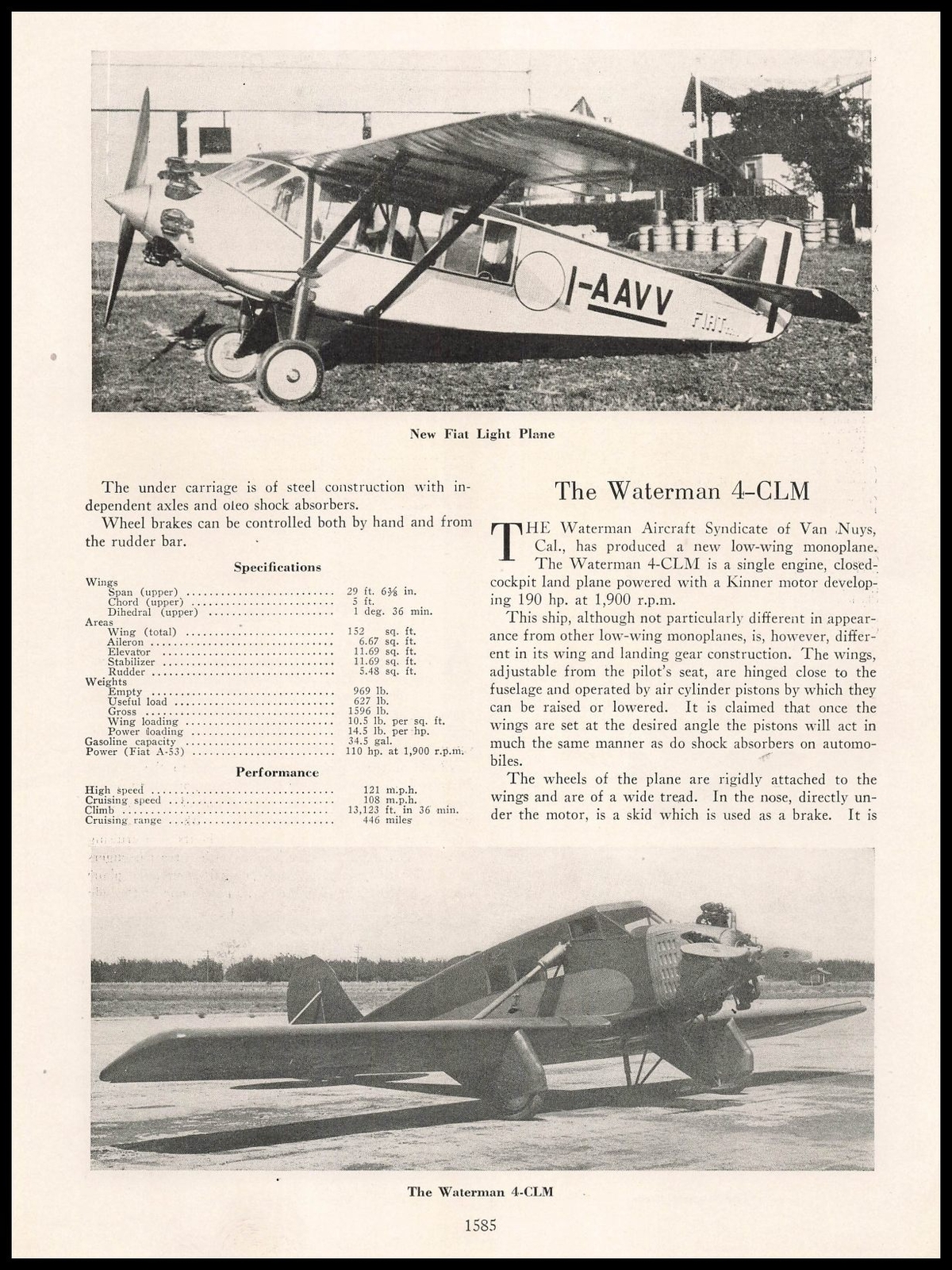 1930 Fiat AS.1 Light Touring Monoplane Photo And Specifications Vintage Print Ad