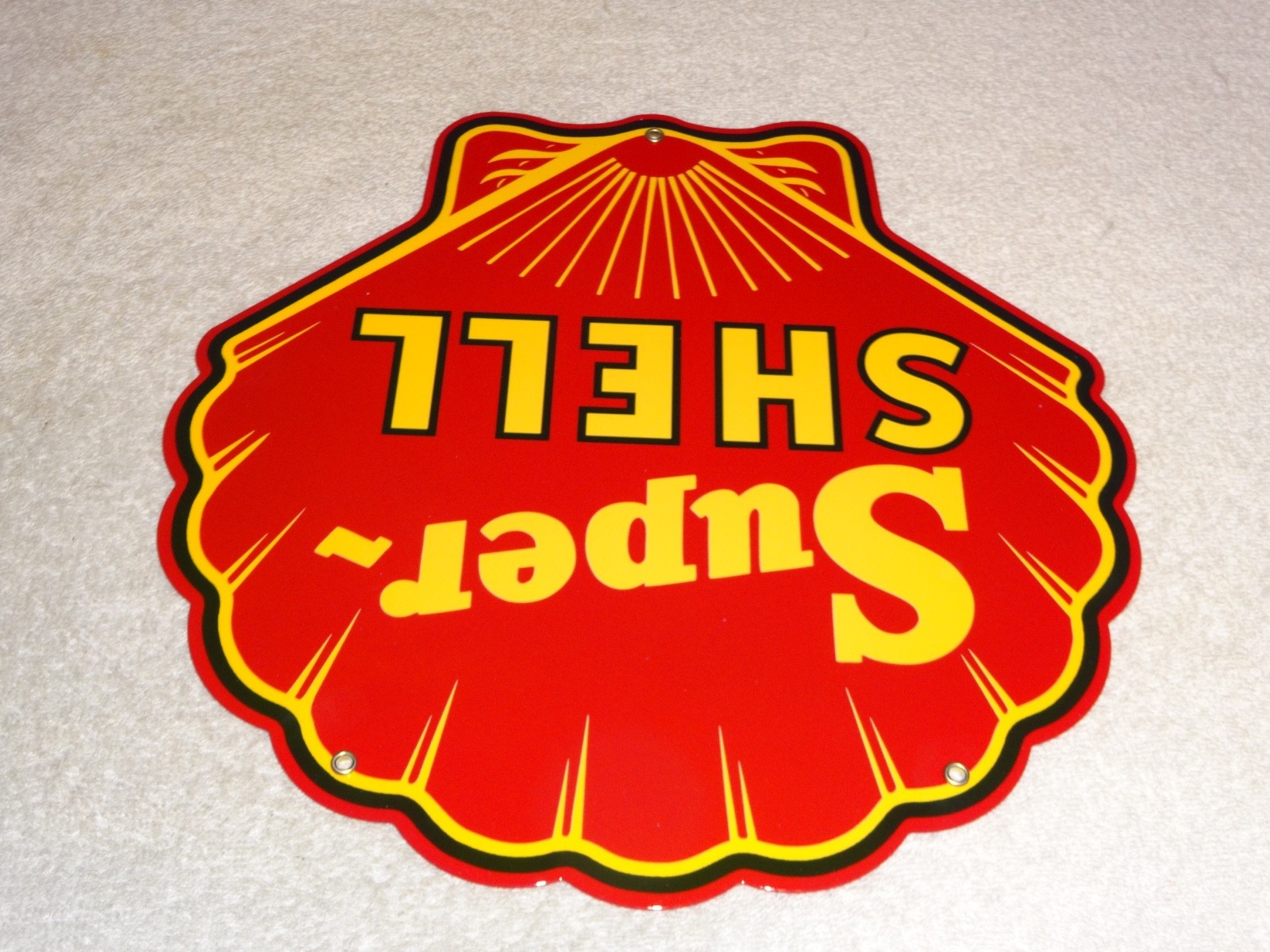 VINTAGE SUPER SHELL ⛽️ GASOLINE 11 3/4″ PORCELAIN METAL SERVICE STATION OIL SIGN