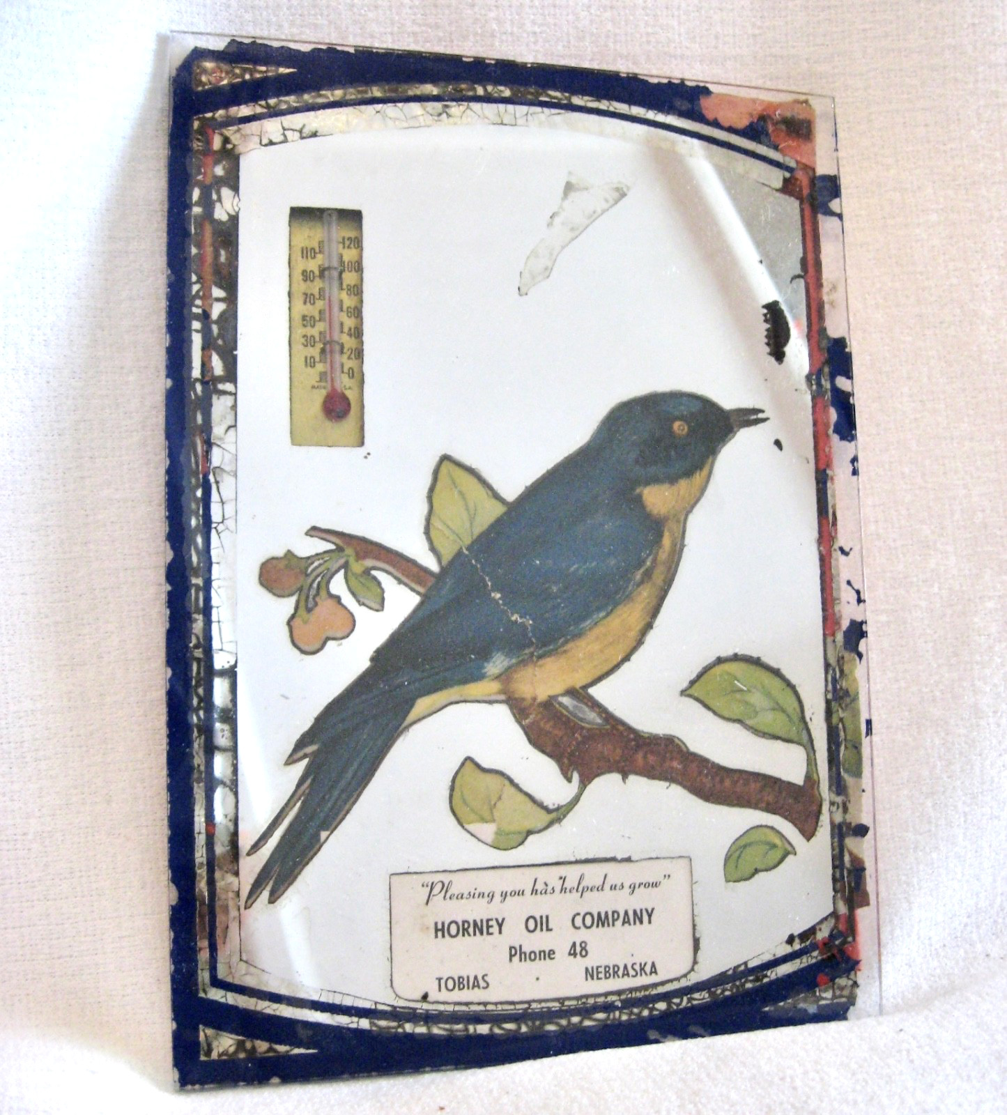 ADVERTISING MIRROR THERMOMETER 5×7 Vintage Horney Oil Co, Tobias NE Bluebird