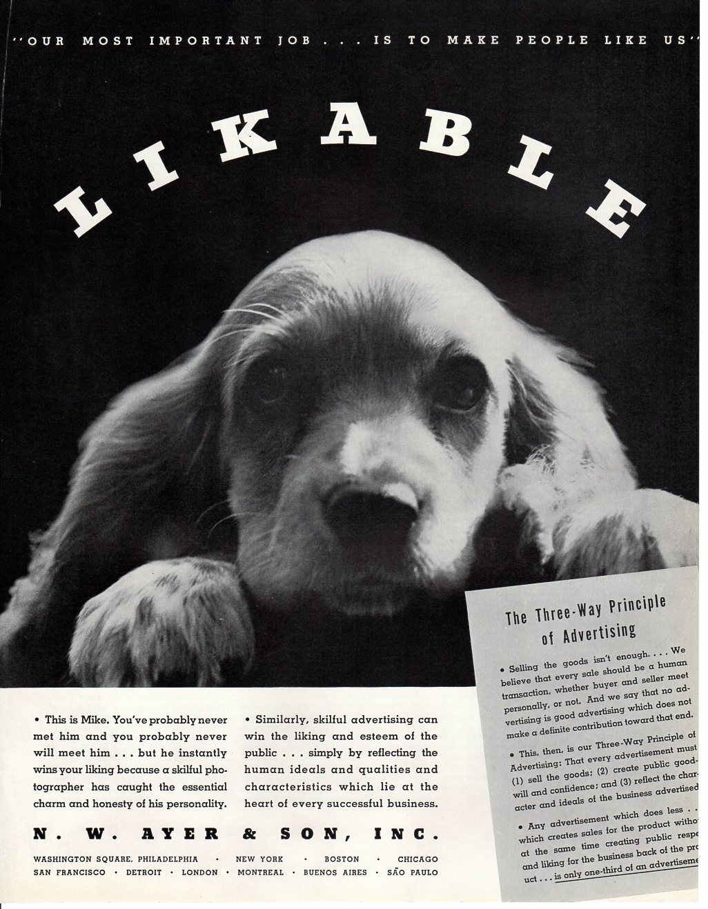 1936 Vintage print ad N.W. Ayer & Sons Inc. Our Most Important Job Puppy Likable