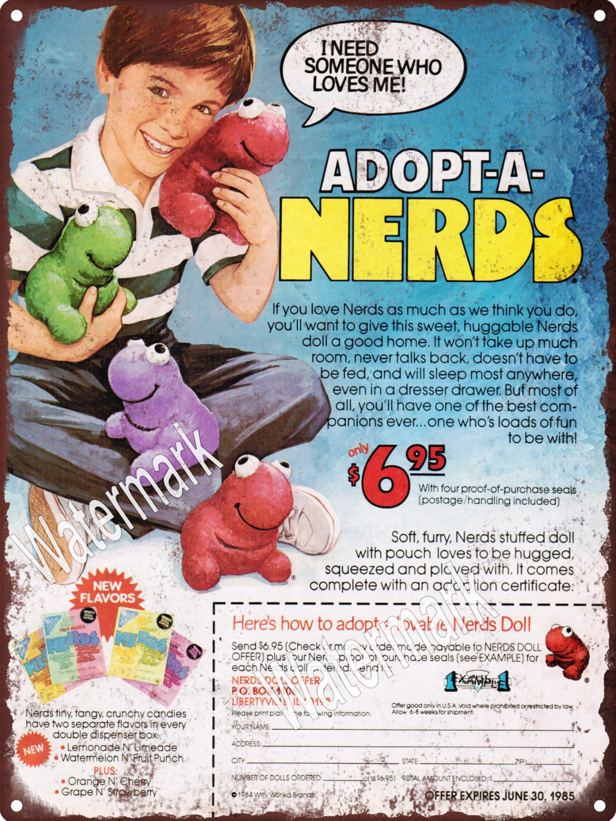 1985 Adopt A Nerd Candy Doll stuff Animal Plush Metal Sign 9×12″ 60846