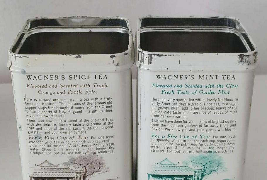 2 VINTAGE WAGNER’S TEA TINS SPICE & MINT EMPTY WITH LIDS JOHN WAGNER & SONS