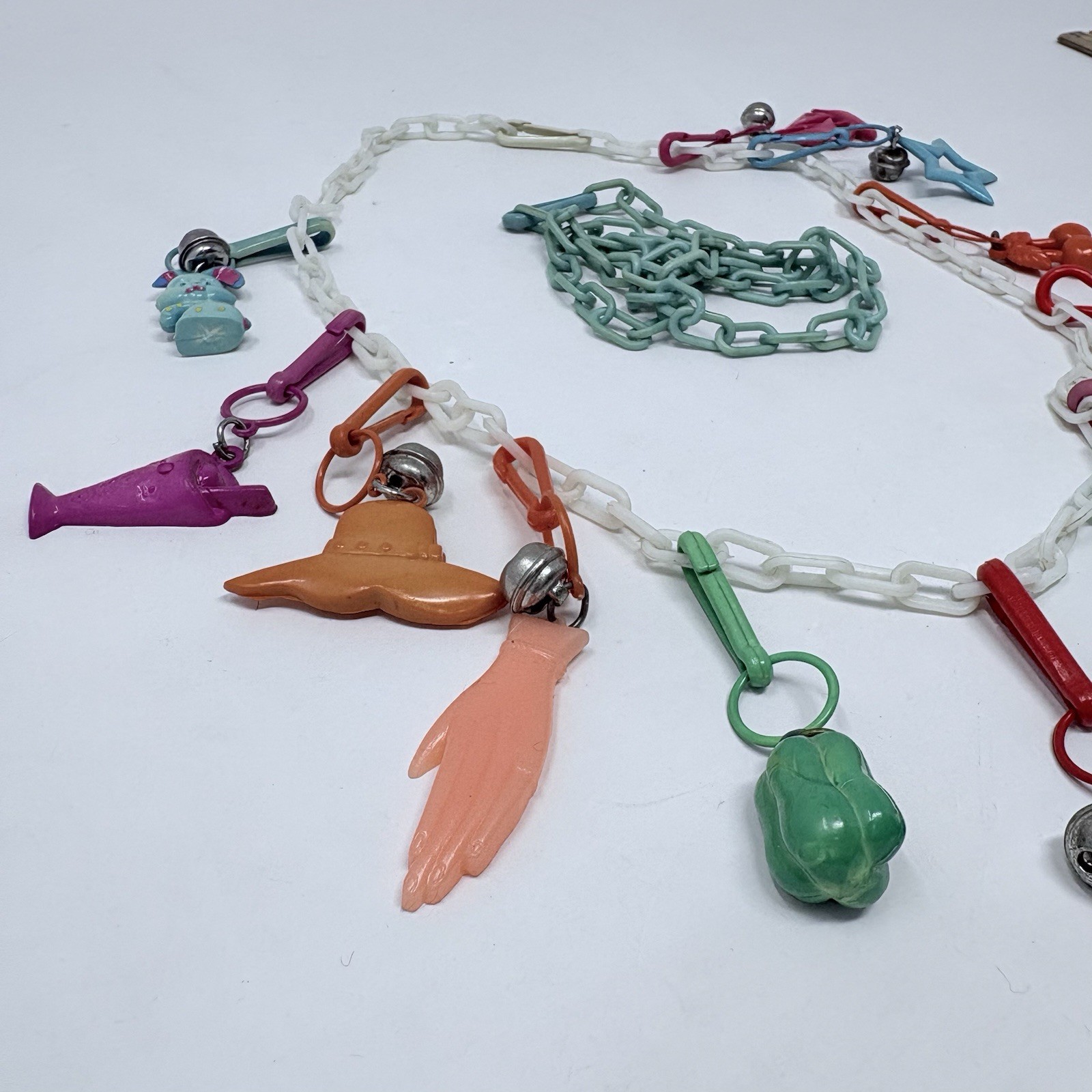 Vintage 1980s White Green Necklaces & 12 Plastic Clip On Charms Bell Charms
