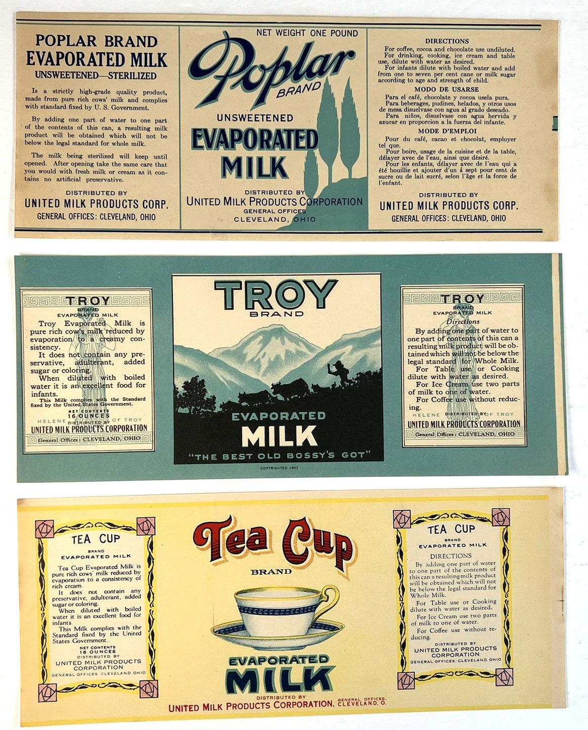 EVAPORATED MILK 3 VINTAGE 1921 – 1930s MINT CAN LABELS * NOS POPLAR TROY TEA CUP
