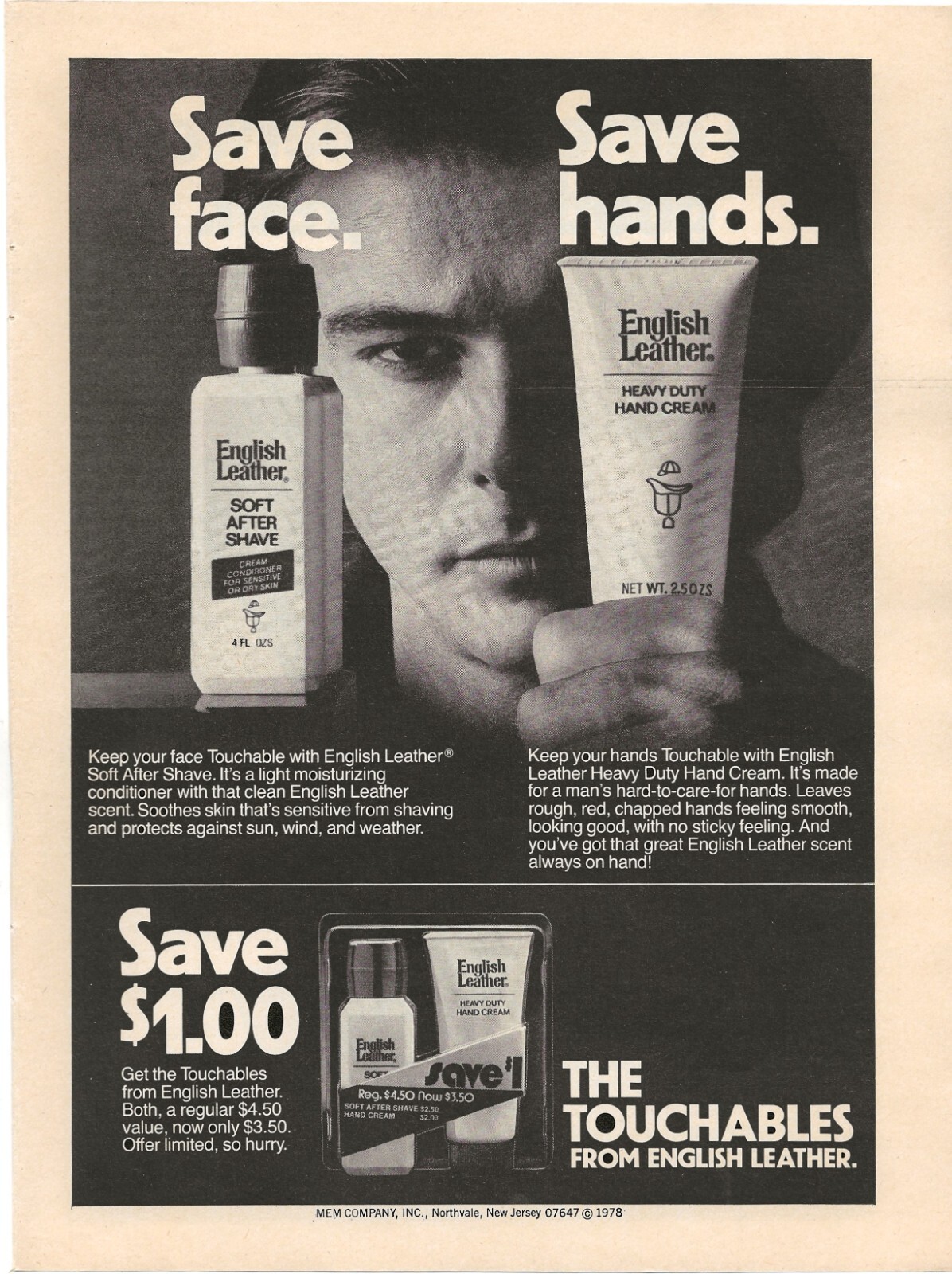 Vintage Print Ad English Leather After Shave / Hand Cream The Touchables 1978