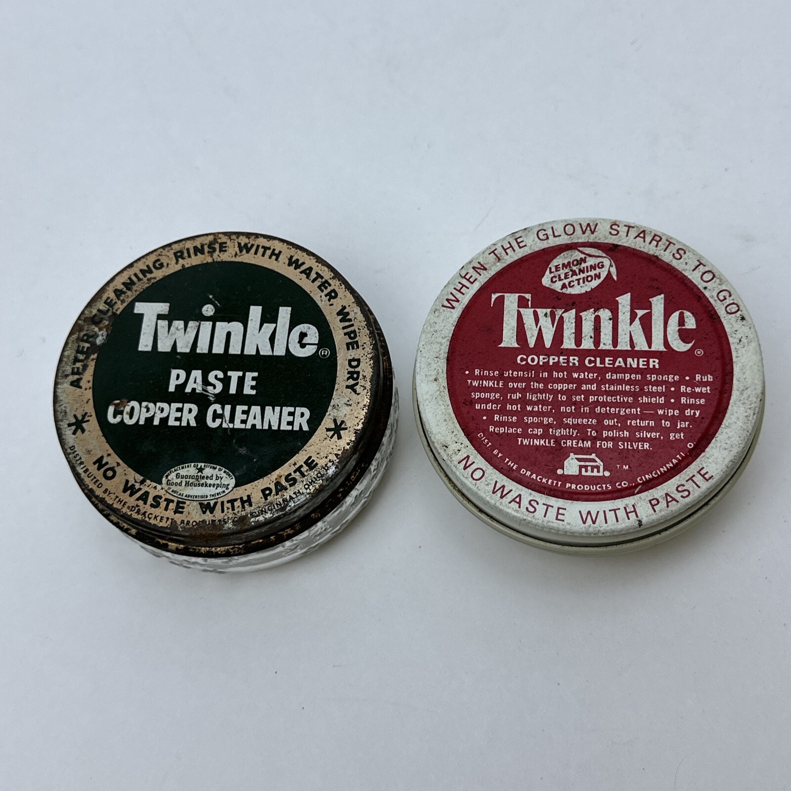 Lot of 2 Vintage Twinkle Copper Cleaner Container Jars Glass Plastic Metal Lids