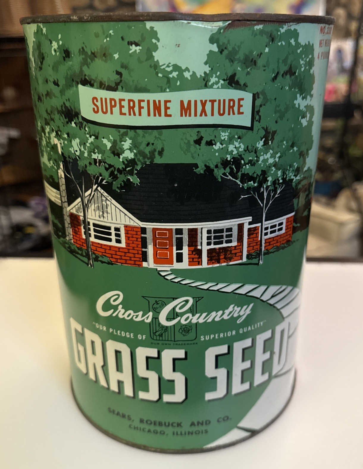 VTG 1958 Cross Country Superfine Mix Grass Seed Tin 4 lb Sears Roebuck 9.5” Tall