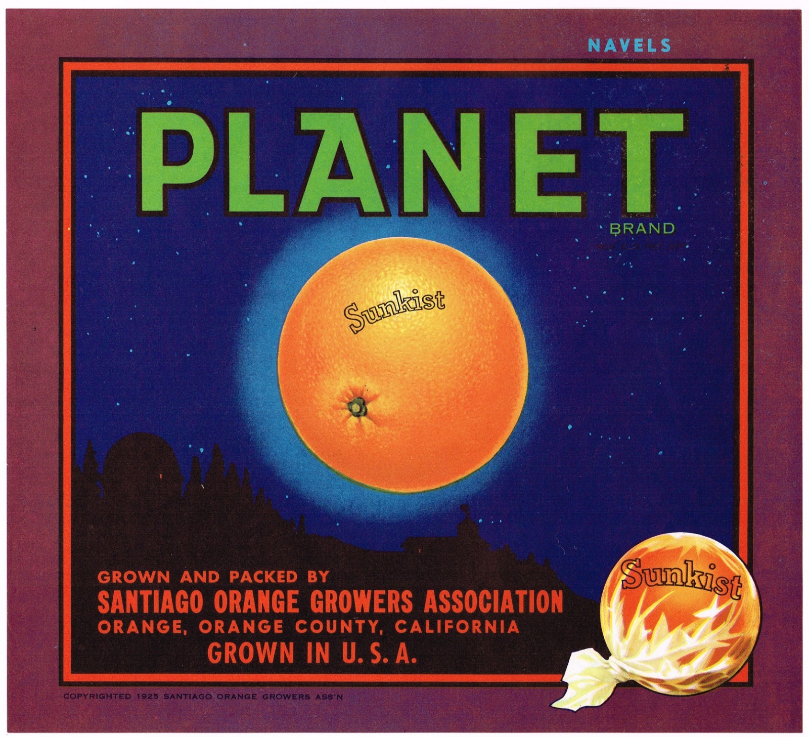 ORIGINAL C1930S CITY OF ORANGE COUNTY CRATE LABEL VINTAGE SANTIAGO PLANET