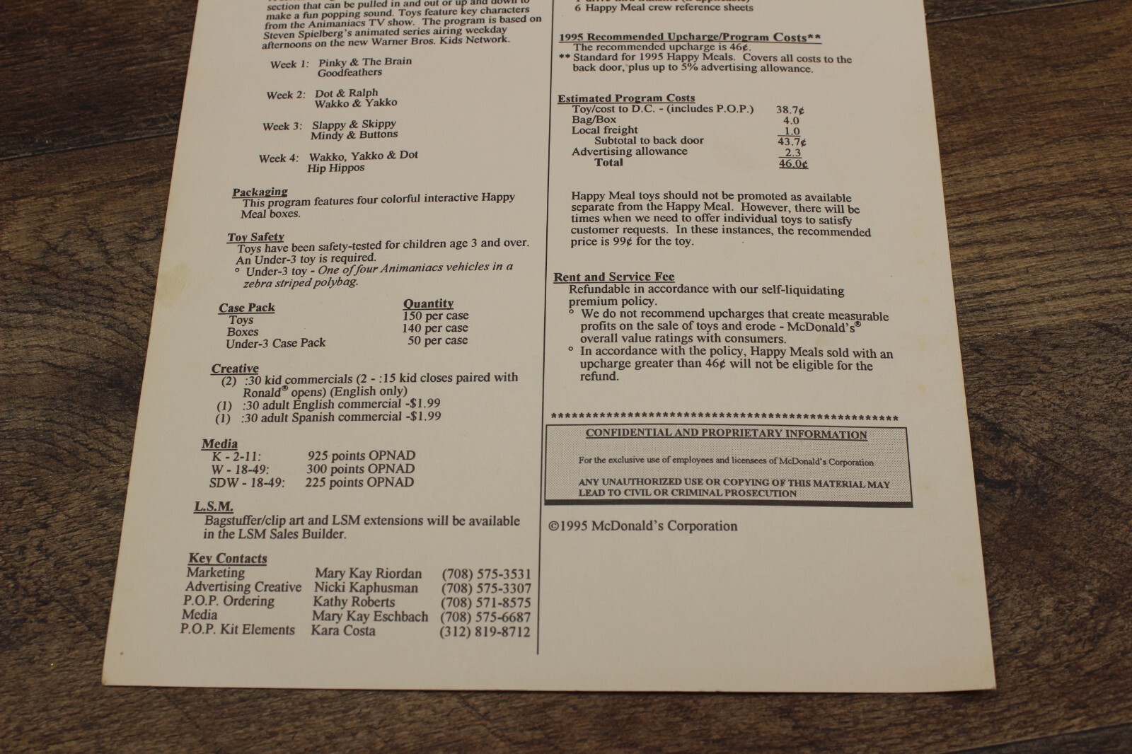 1995 McDonalds Happy Meal Workshop Happy Meal Toy Sell Sheet Animaniacs