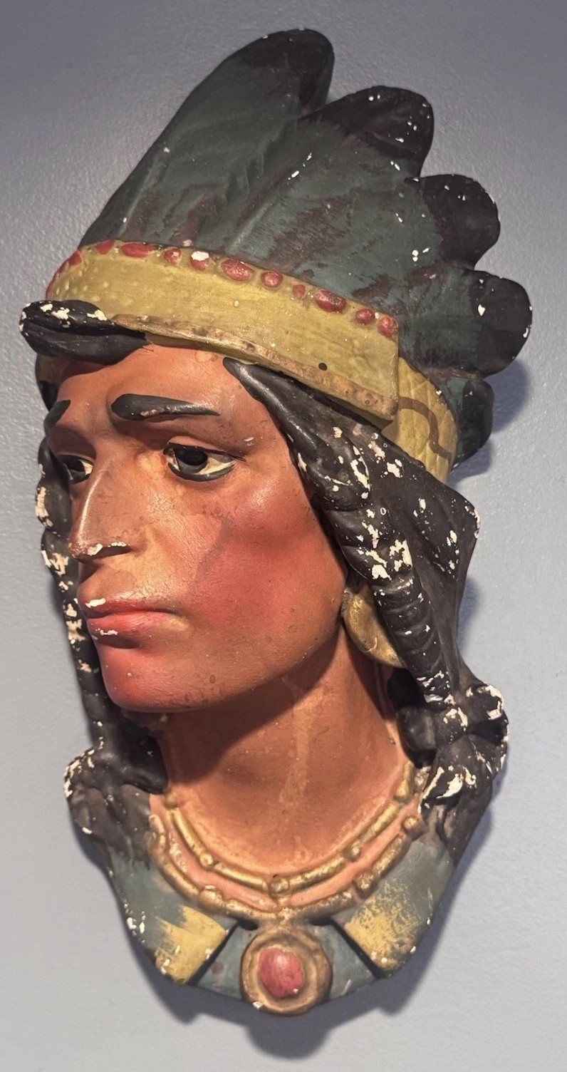 Antique c1900 Native American Indian Bust Cigar Shop Wall Display Chalkware