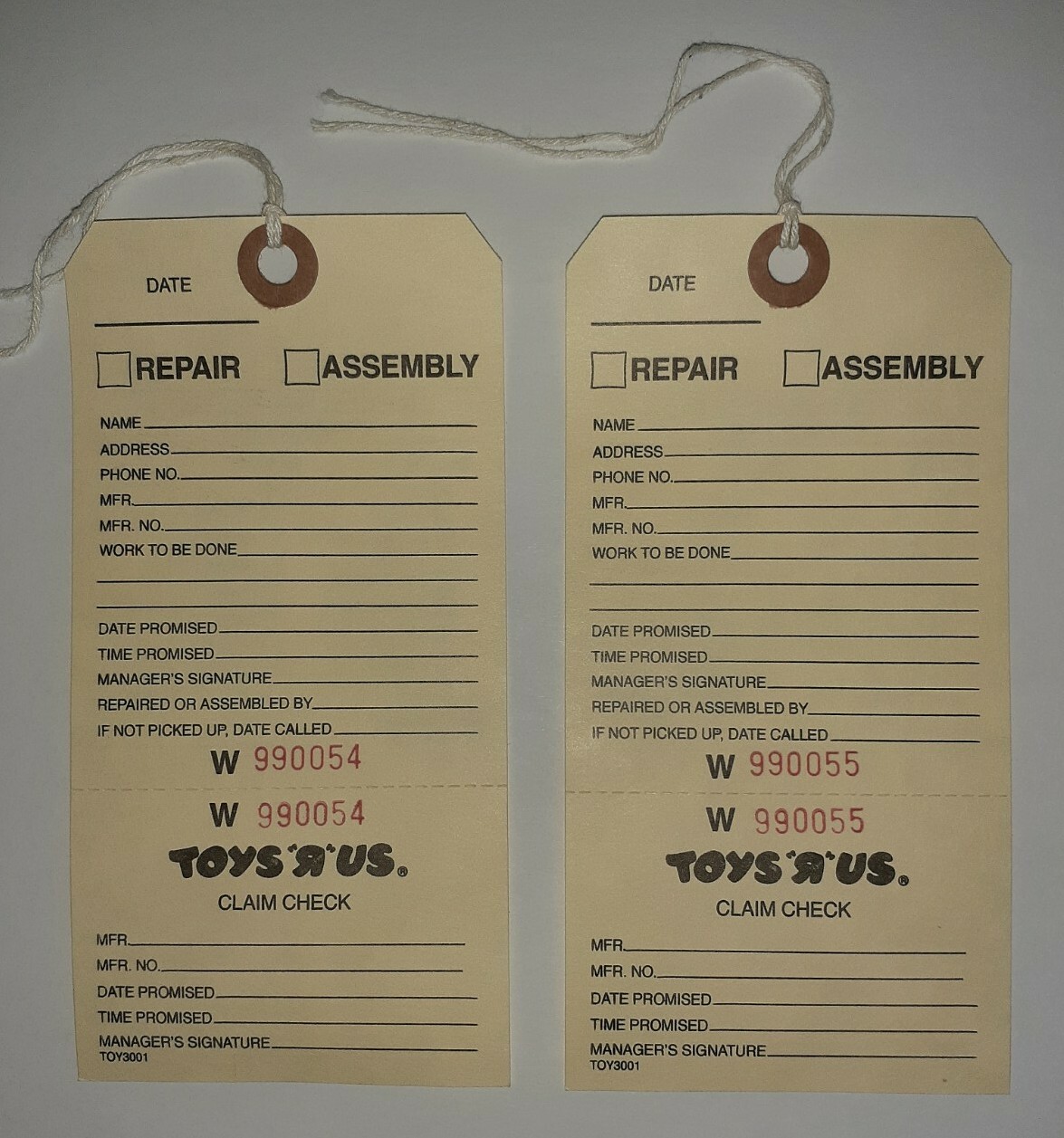 Toys R Us Claim Check Bike Bicycle Inspection Repair Checklist Lot of 2 pre1998