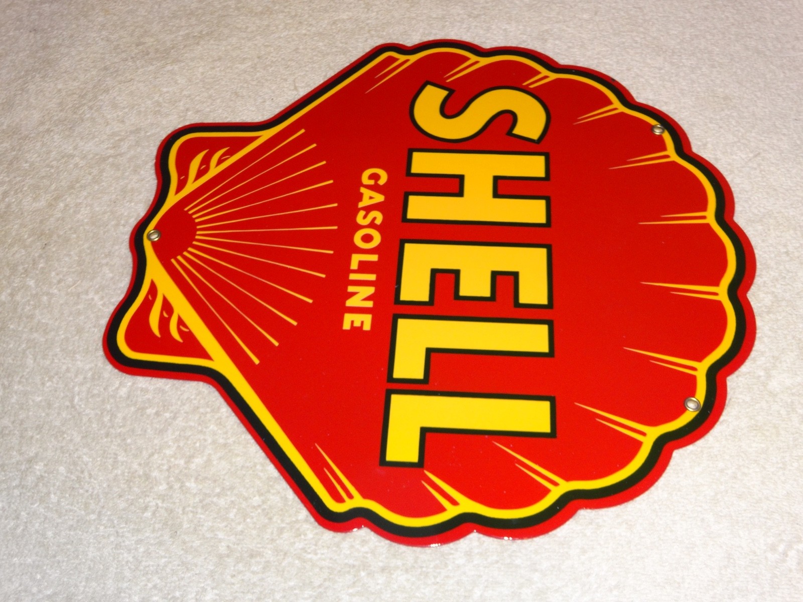 VINTAGE SHELL GASOLINE RARE RED 11 3/4″ PORCELAIN METAL SERVICE STATION OIL SIGN