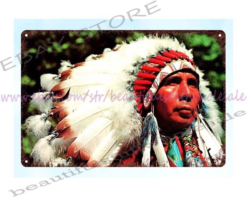 country kitchen decor 1960s American Indian Chief Head Dress metal tin sign
