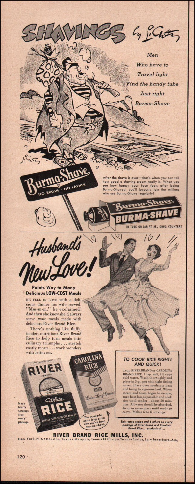 1951 Vintage ad Burma-Shave retro cosmetic Art Cartoon River Rice