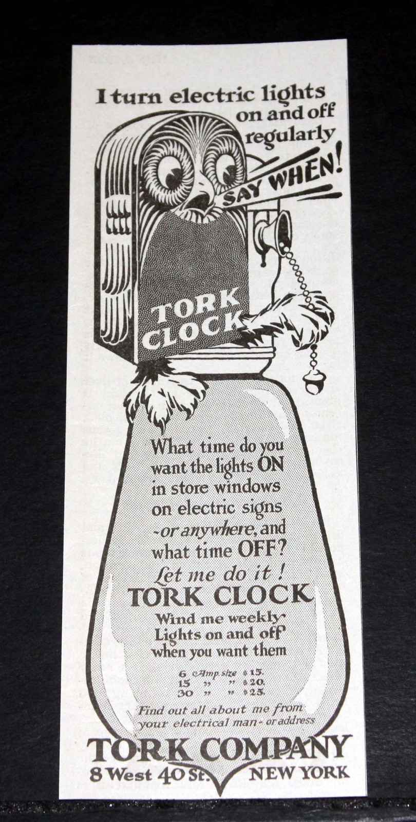 1923 OLD MAGAZINE PRINT AD, TORK CLOCK-TURN ELECTRIC LIGHTS ON & OFF REGULARLY!