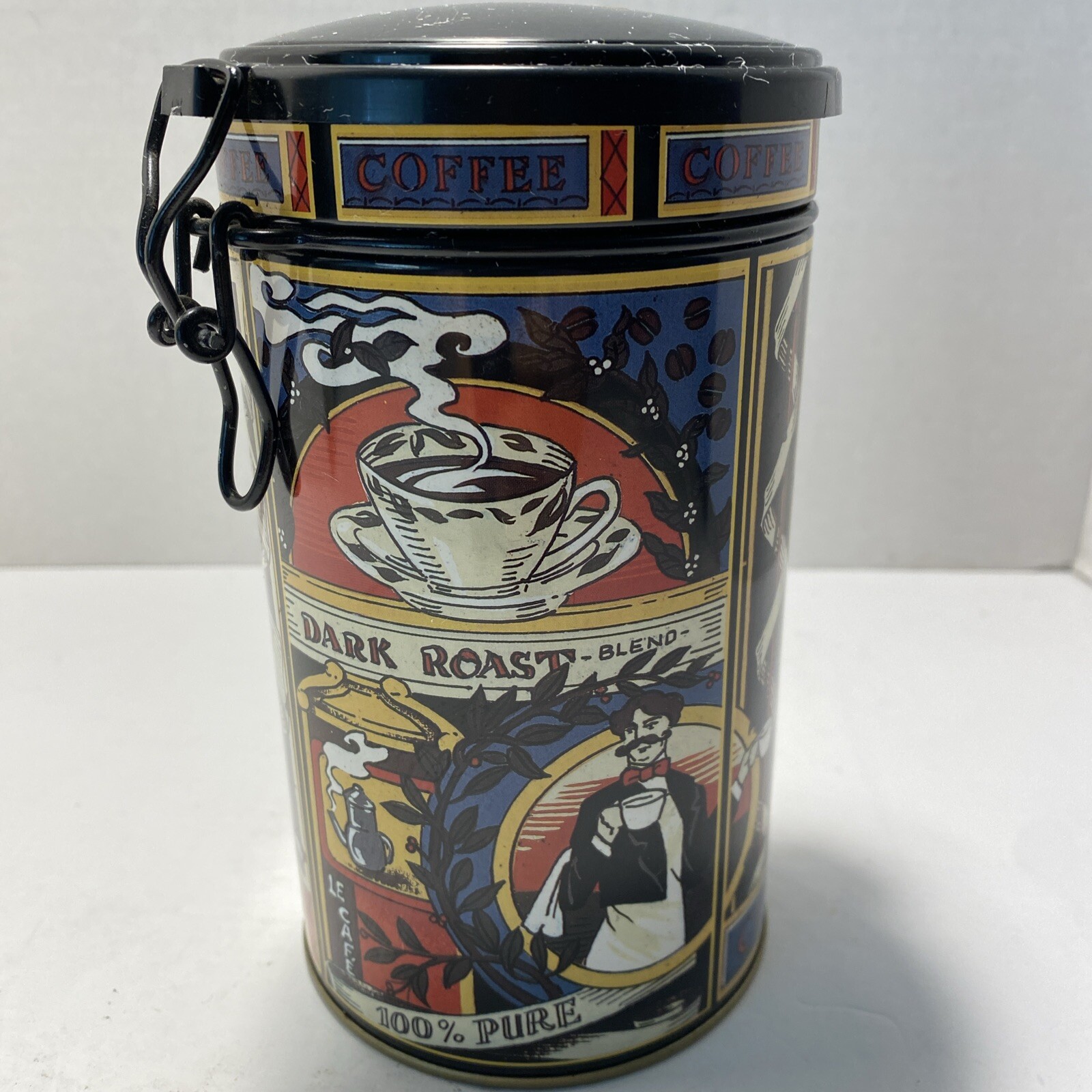 Giftco Round Tin Coffee Design Canister 6.5″ w/Plastic Dome Hing Lid/Latch Lock