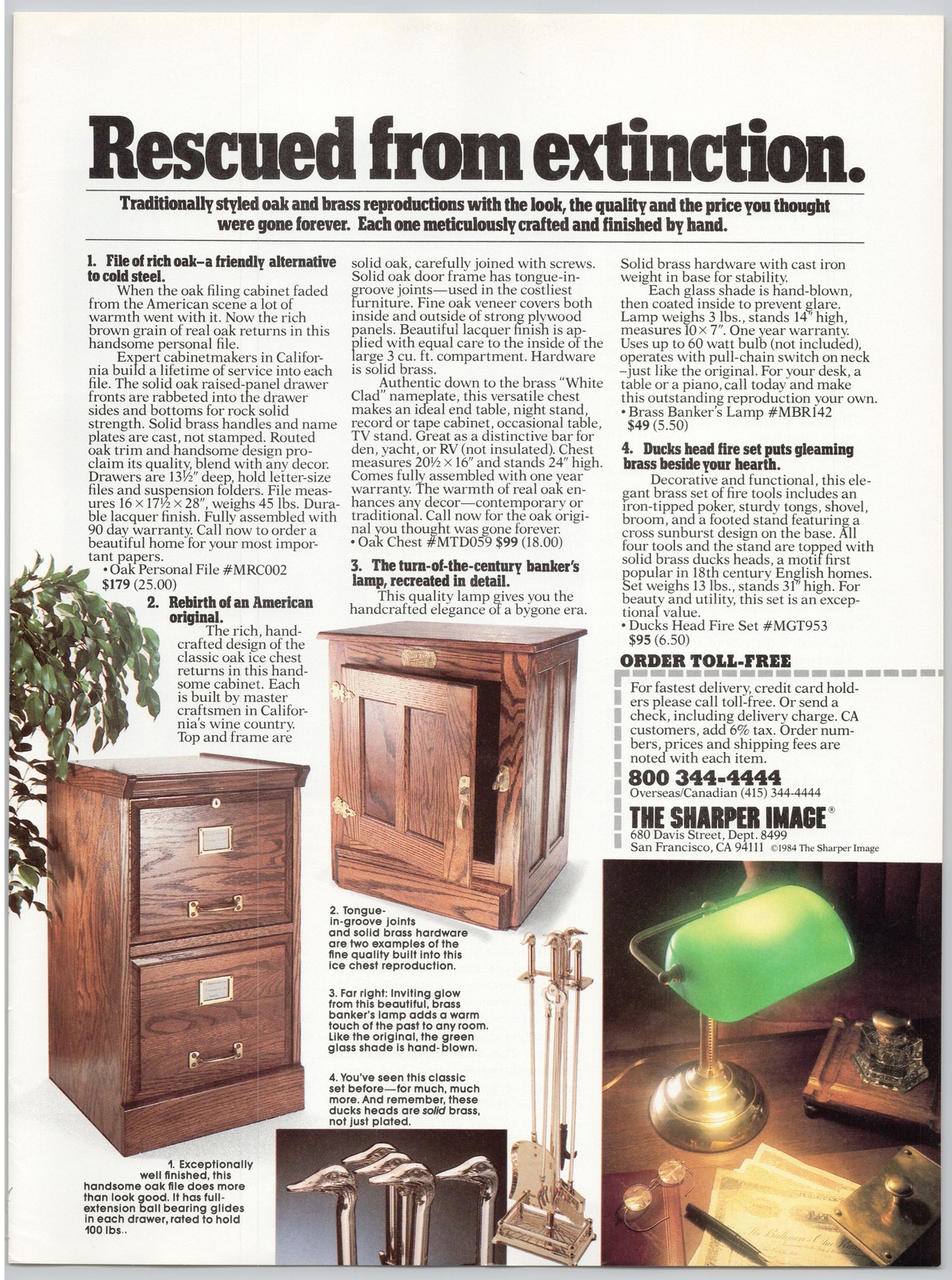 Oak Brass File Chest Lamp Fire Set Sharper Image 1984 Vintage Print Ad