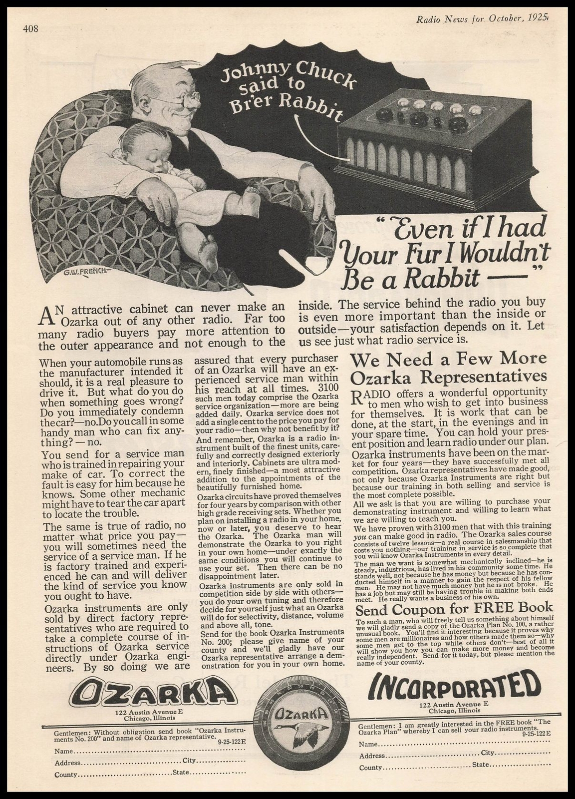 1925 Ozarka Radio Cabinet Grandfather Baby Br’er Rabbit Cartoon Vintage Print Ad