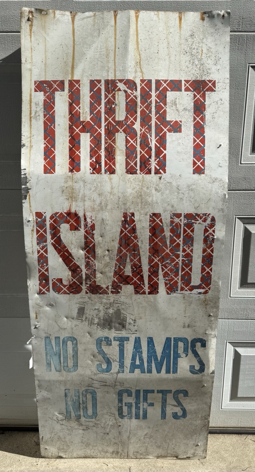 Vintage Double Sided “Thrift Island No Stamps No Gifts” Metal Sign