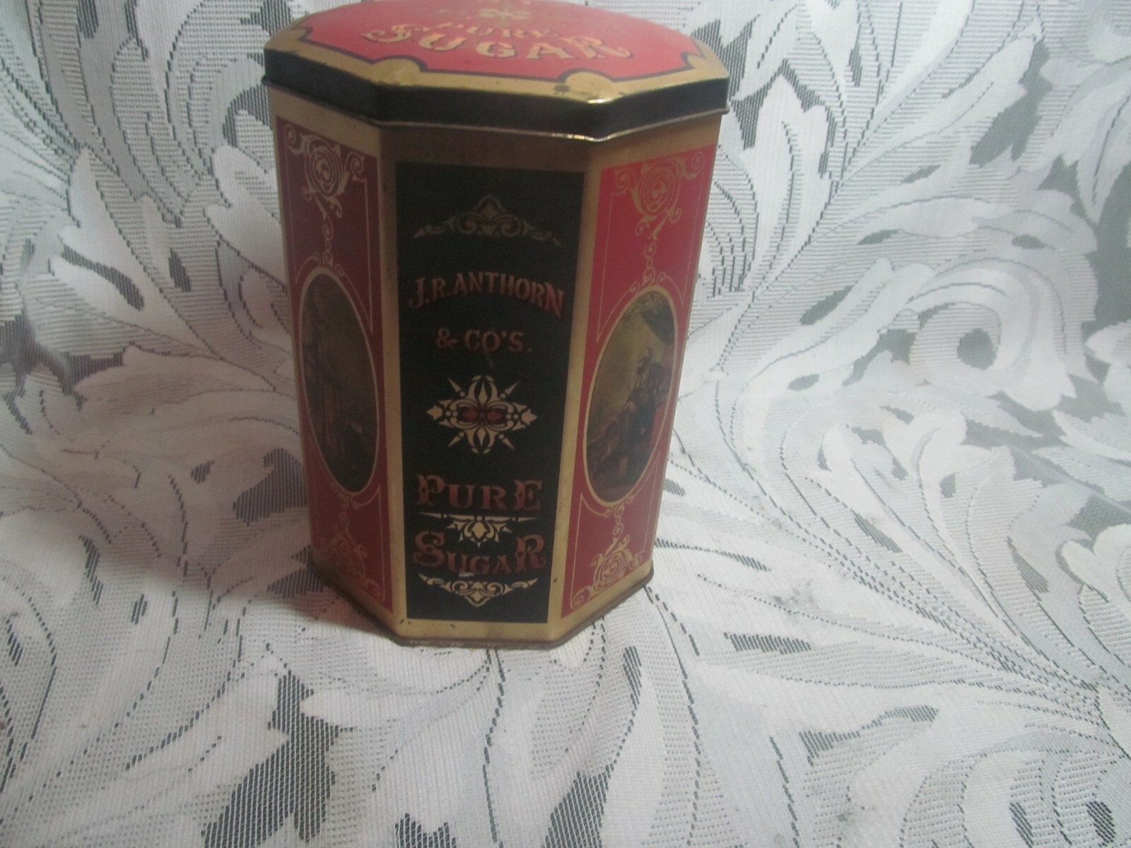 Vintage Unity Mills Pure Sugar Octagonal Hinged CONTAINER ENGLAND Tin Empty Box