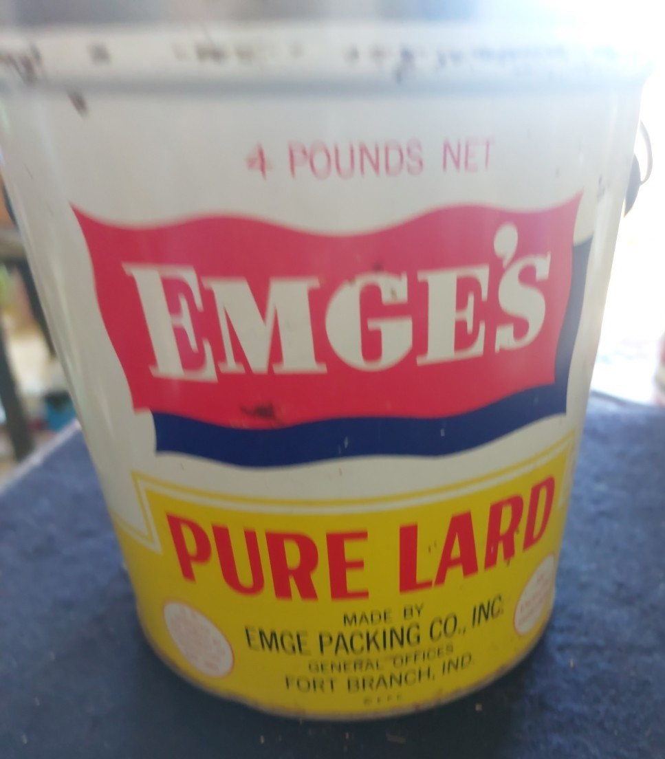 VINTAGE EMGE’S PURE LARD PAIL with handlev4 LB. SIZE-FORT BRANCH, IND.