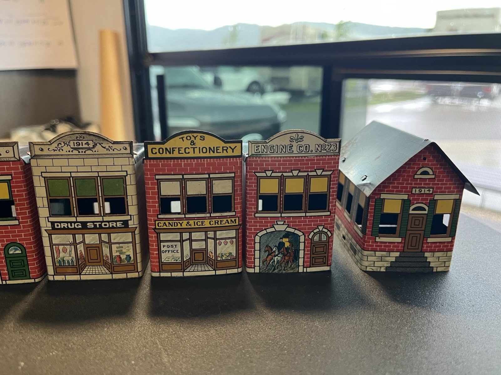 6 Antique West Bros village series Candy Container tin litho Buildings