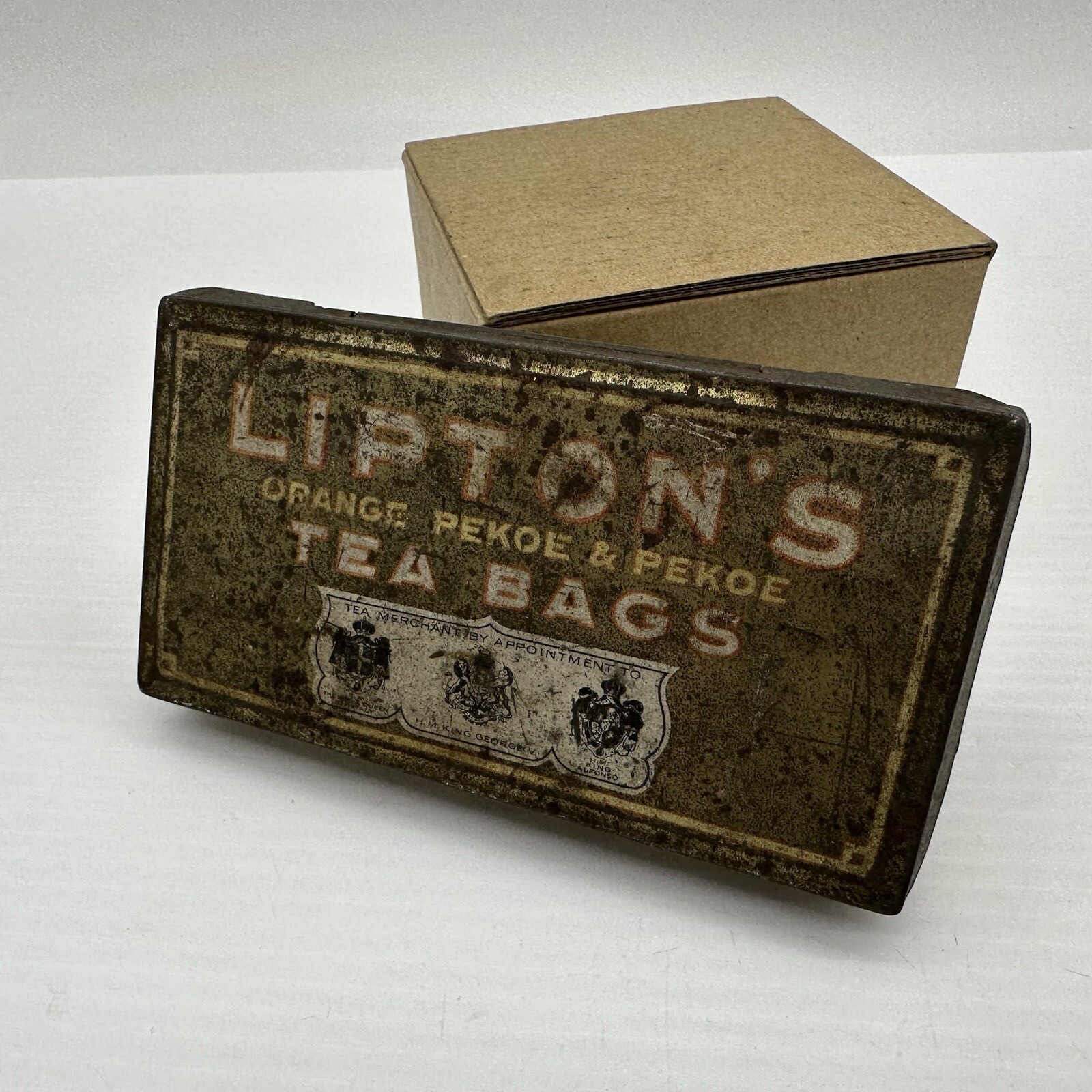 VINTAGE KITCHEN 6″ WIDE TIN CAN *EMPTY* LIPTON TEA BAGS ORANGE PEKOE