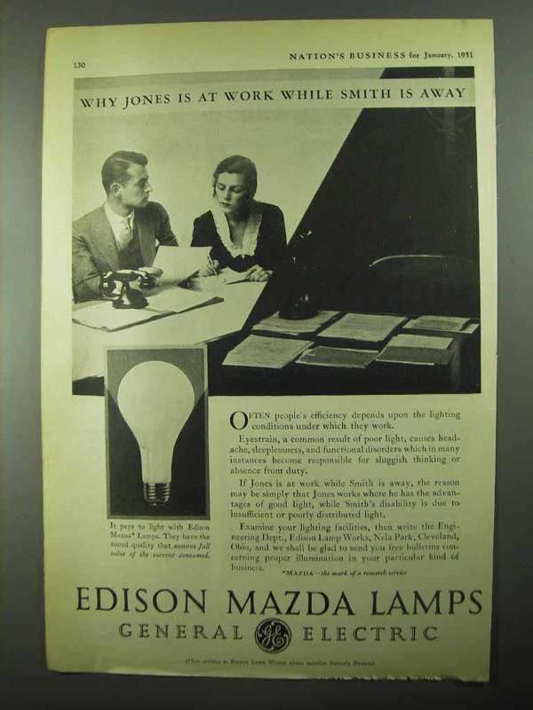 1931 General Electric Edison Mazda Lamps Ad – At Work