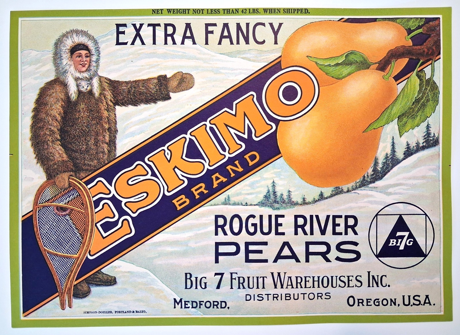 Original 1920s ESKIMO pear crate label Big 7 Fruit Warehouses Medford Oregon