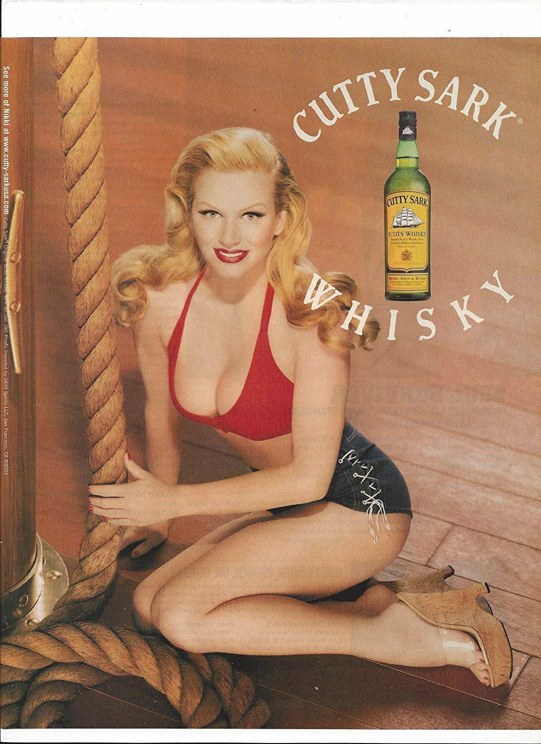Cutty Sark Whisky 2001 Vintage Print Ad Blonde In Red Bikini & Shorts Legs Scene